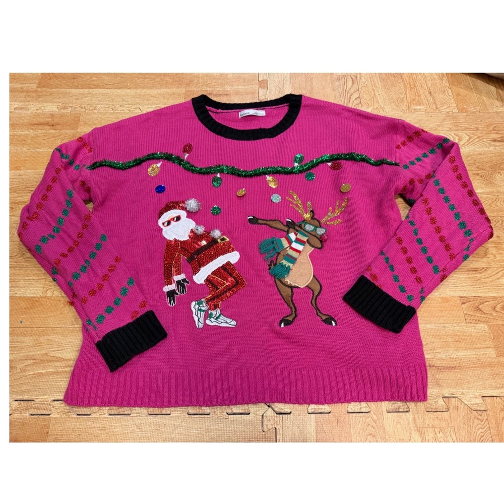 Rafiana Women Pink Dabbing Santa Reindeer Ugly Christmas Sweater Large